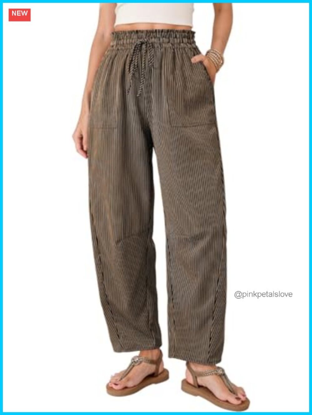 Barrel Striped Wide Leg Casual Pants with Pockets High Rise Paperbag Waist